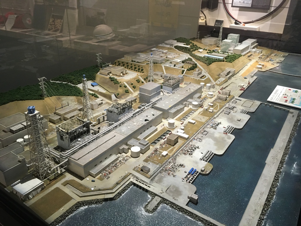 A model of the Fukushima Dai'ichi power plant at the The Great East Japan Earthquake and Nuclear Disaster Memorial Museum in Futaba Town, Fukushima Prefecture, Japan. The model shows the reactors shortly after the accident, with damage from the tsunami and hydrogen explosions.